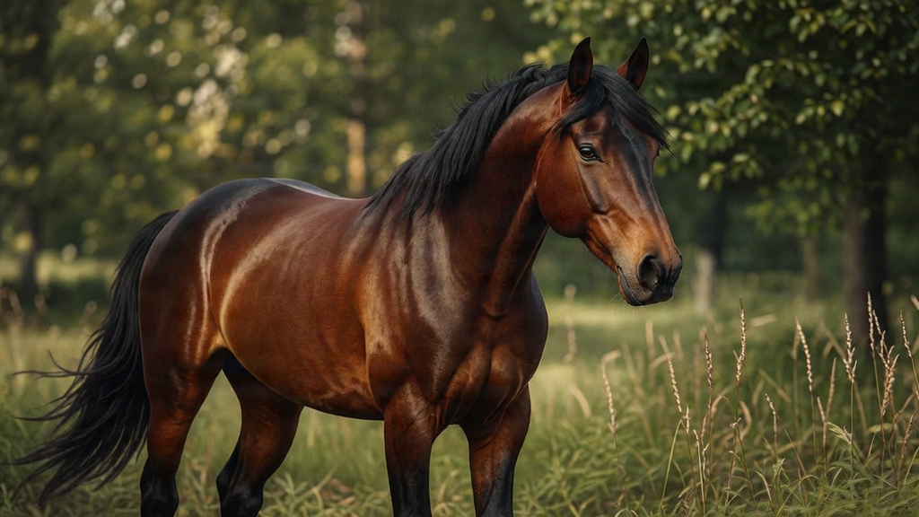 A majestic Bay horse with a rich reddish-brown coat and black points, standing in a lush green field.