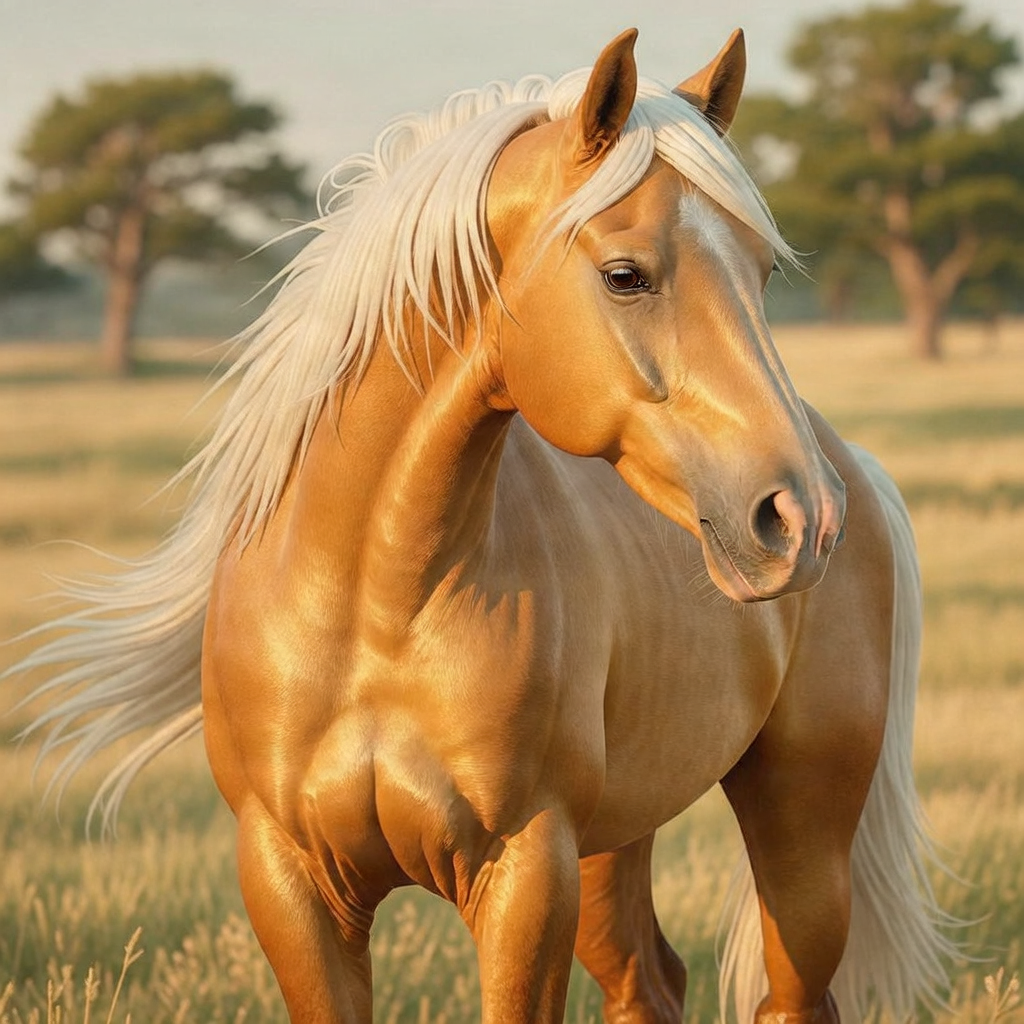 A golden Palomino horse with a striking white mane and tail, standing against a soft sunset.