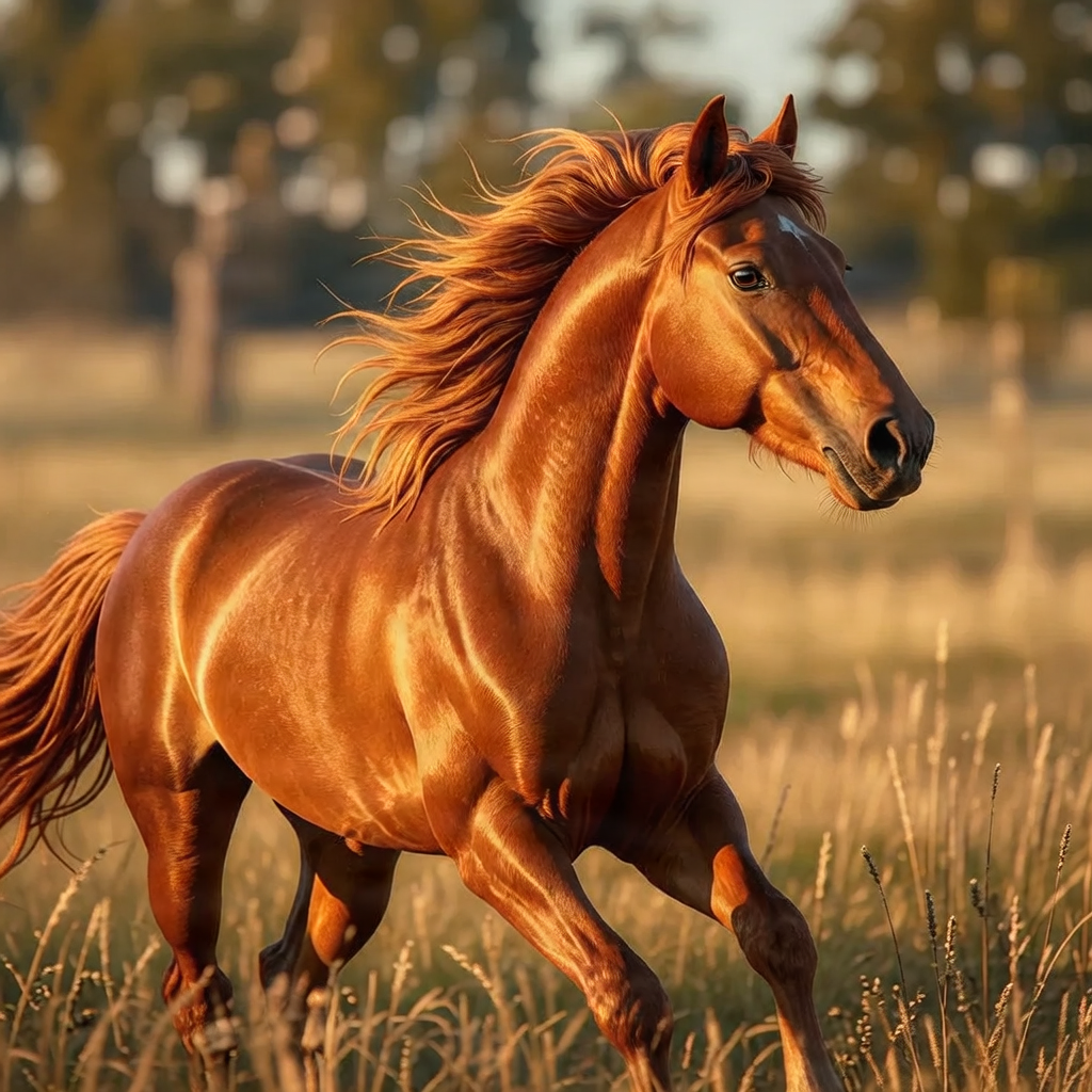 A vibrant Chestnut horse with a copper-red coat and matching mane, galloping through a sunlit meadow.