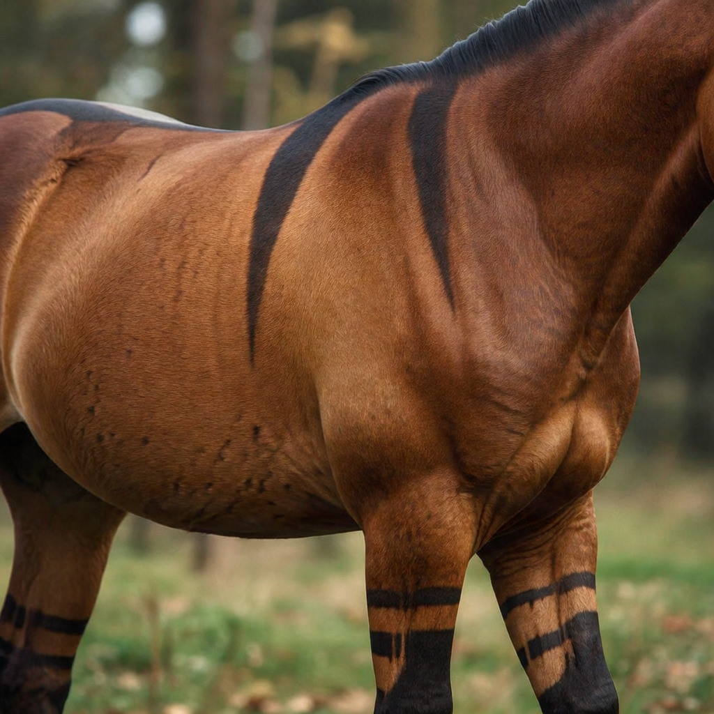 A Dun horse showing a clear dorsal stripe and primitive markings.