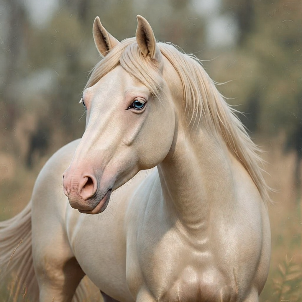 A Cremello horse with a pale ivory coat, pink skin, and blue eyes.