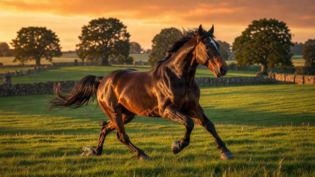 A majestic Thoroughbred horse running in a green English field at sunset.