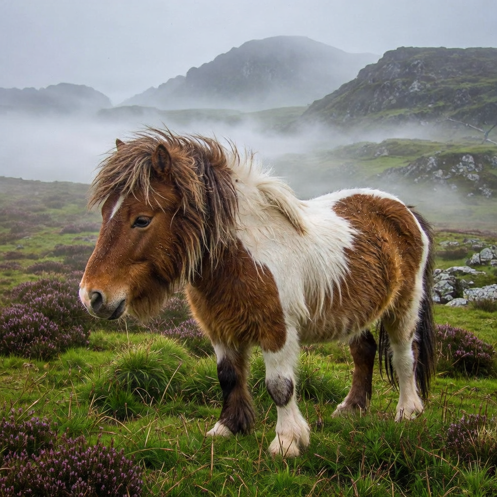A cute Shetland Pony grazing in a misty Scottish highland landscape.
