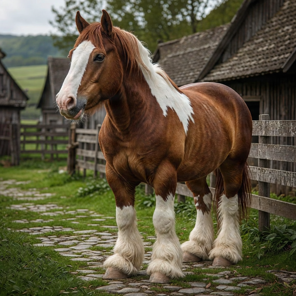 A powerful Clydesdale horse with distinctive leg feathering standing in a rustic farm setting.