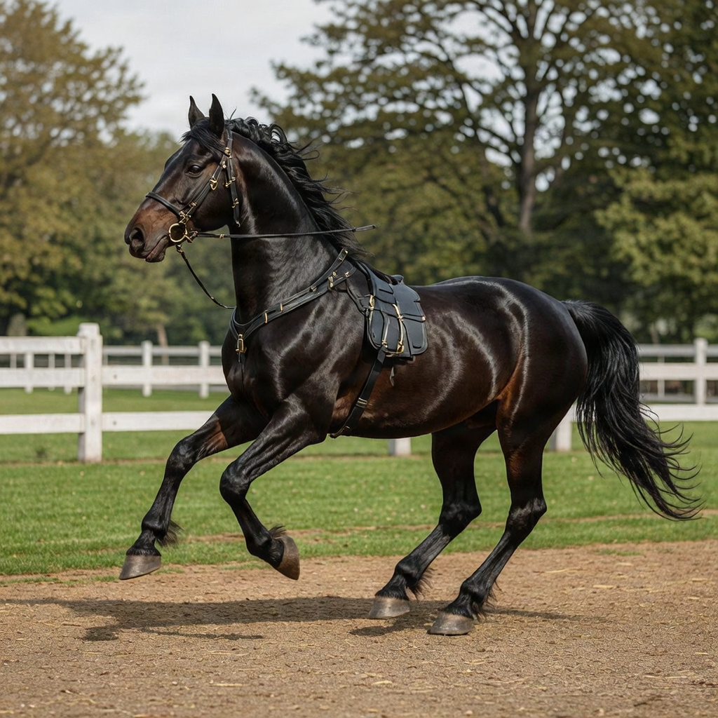 An elegant Hackney horse showing its high-stepping trot in a traditional carriage setting.