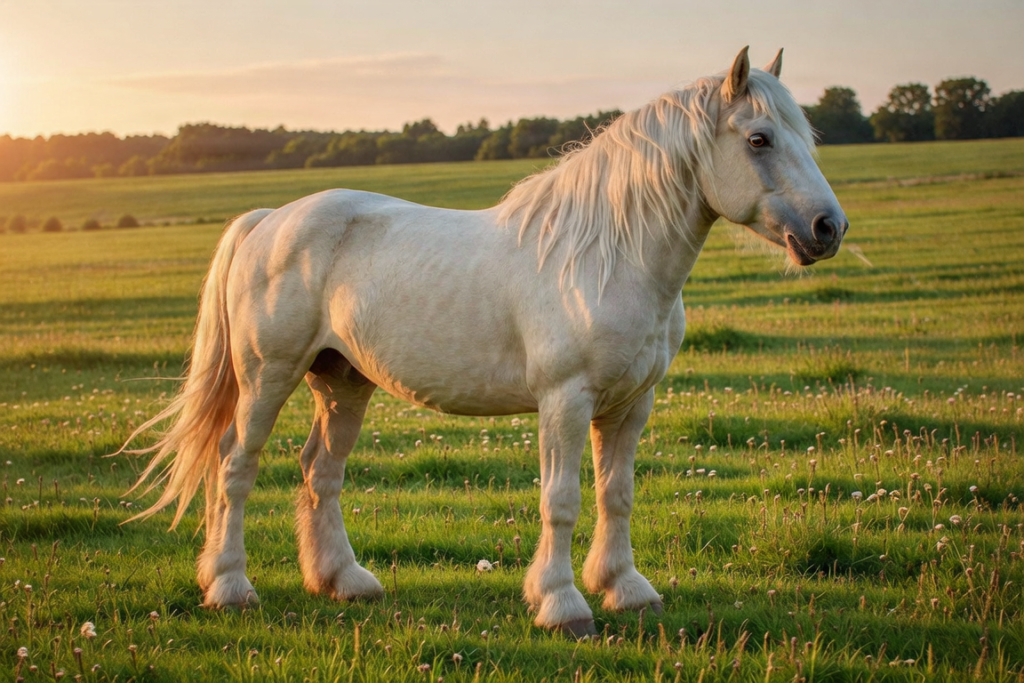 An American Cream Draft Horse standing in a sunlit pasture, showcasing its distinct cream coat, white mane and tail, and amber eyes.